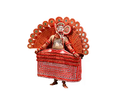 Traditional Kathakali dancer in elaborate red costume and ornate face makeup performing on black background.