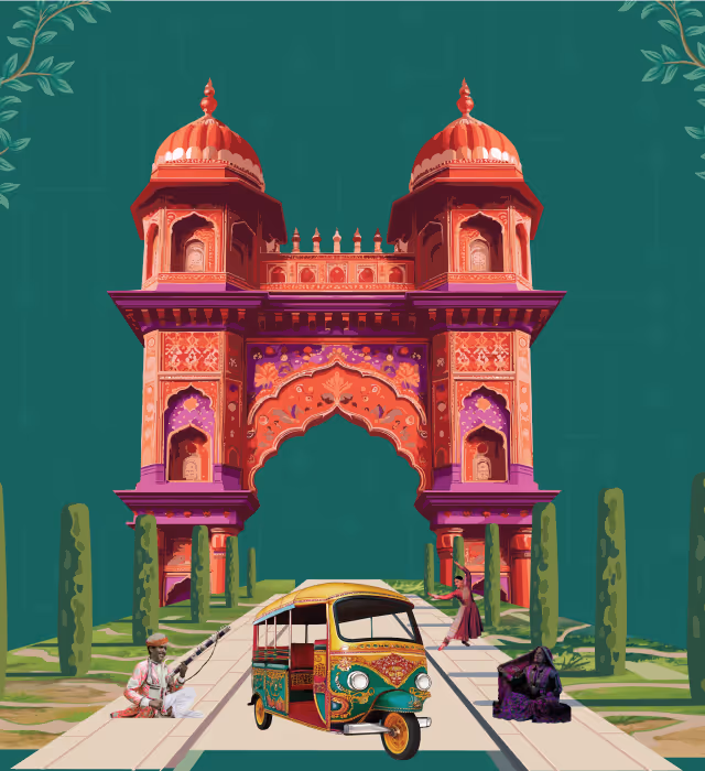 Illustration of a decorative Indian gateway with two domed towers, surrounded by trees and three figures: a seated man playing a stringed instrument, a person in a purple dress walking, and a seated woman in traditional attire, with a colorful auto-rickshaw in the foreground.
