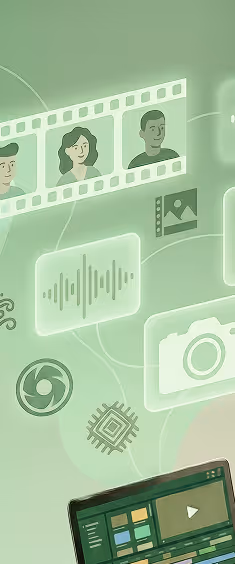 Illustration of various digital media icons including filmstrip with portraits, audio waveform, photo, camera, and tech symbols over a green background with a partial laptop screen at the bottom.