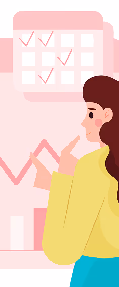 Illustration of a woman in a yellow sweater looking thoughtfully at a calendar with several pink check marks.