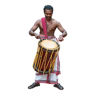 Man playing a traditional drum wearing a pink and white garment.