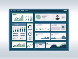 Dashboard interface displaying various data visualizations including line graphs, bar charts, pie charts, and user profile icons.