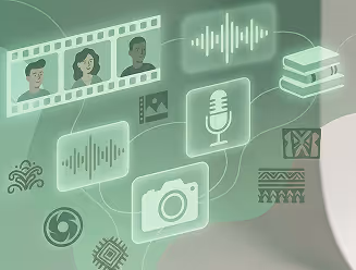 Green digital interface with icons of video call, audio waveforms, microphone, camera, books, and cultural symbols connected by lines.