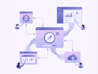 Illustration of a central compass app connected with arrows to API, analytics, calendar, and cloud storage apps, each pointed to by small user icons.