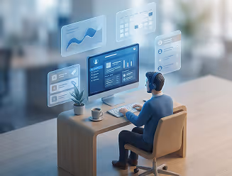Person seated at a desk using a computer with floating digital data charts and interface panels around the monitor.